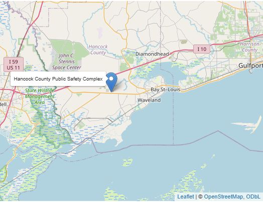 Hancock County Public Safety Complex is indicated by a blue marker and a label in Bay St. Louis, Mississippi.
Map by OpenStreetMap, ODbL using Leaflet.