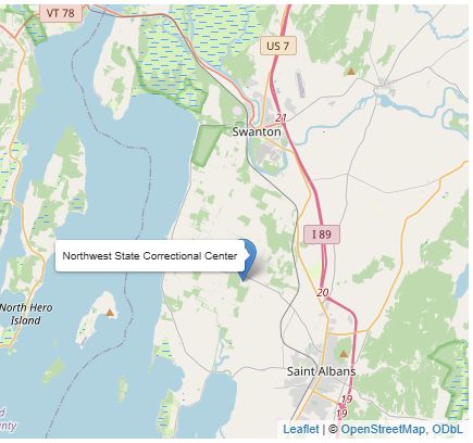 Northwest State Correctional Center is indicated on a map by a blue marker and a label in between Swanton and Saint Albans, Vermont. Map by OpenStreetMap, ODbL using Leaflet.