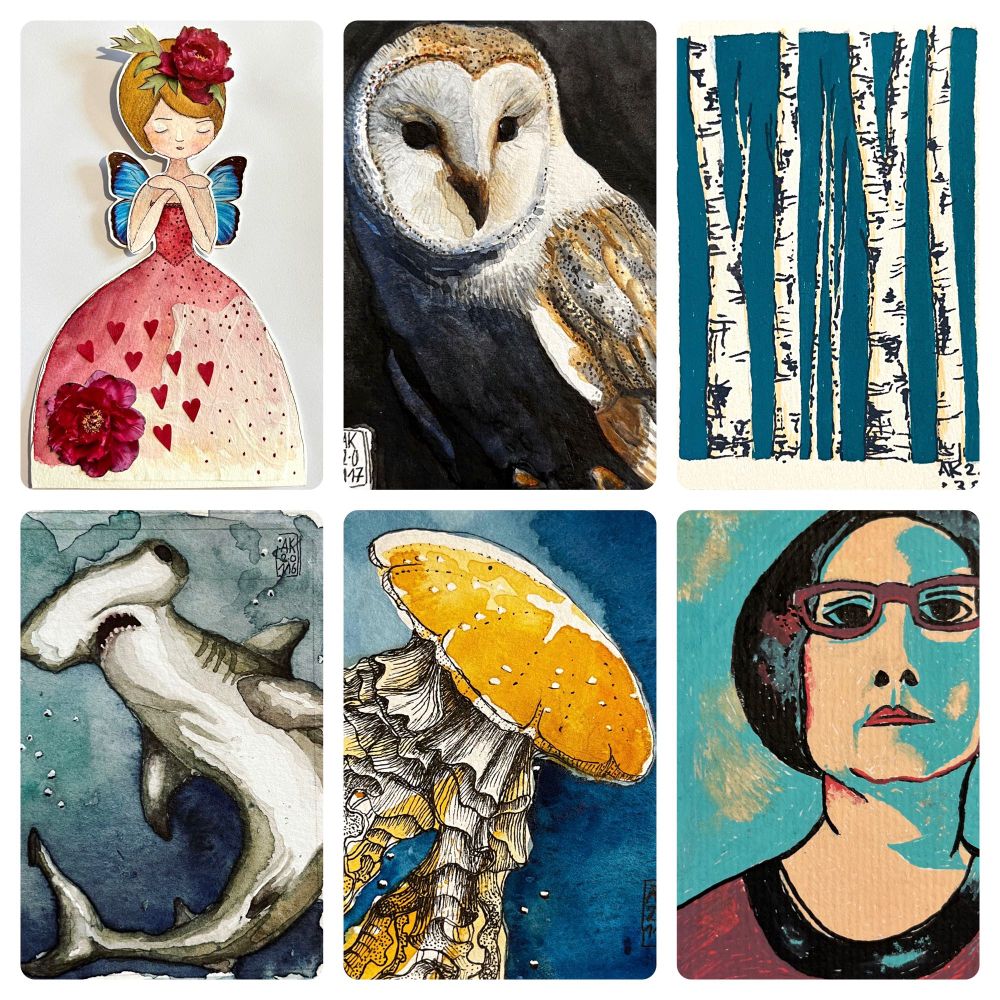 Sechs Bilder in Aquarell bzw. Acrylstiften, sie zeigen eine Elfen-Paperdoll, eine Schleiereule, Birkenstämme, einen Hammerhai, eine Qualle und ein Selbstporträt