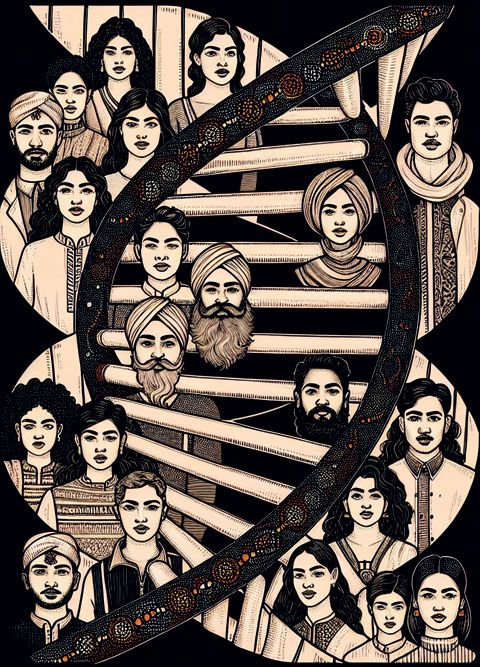 An illustration of a DNA strand surrounded by faces. Artist: Saurabh Singh. 