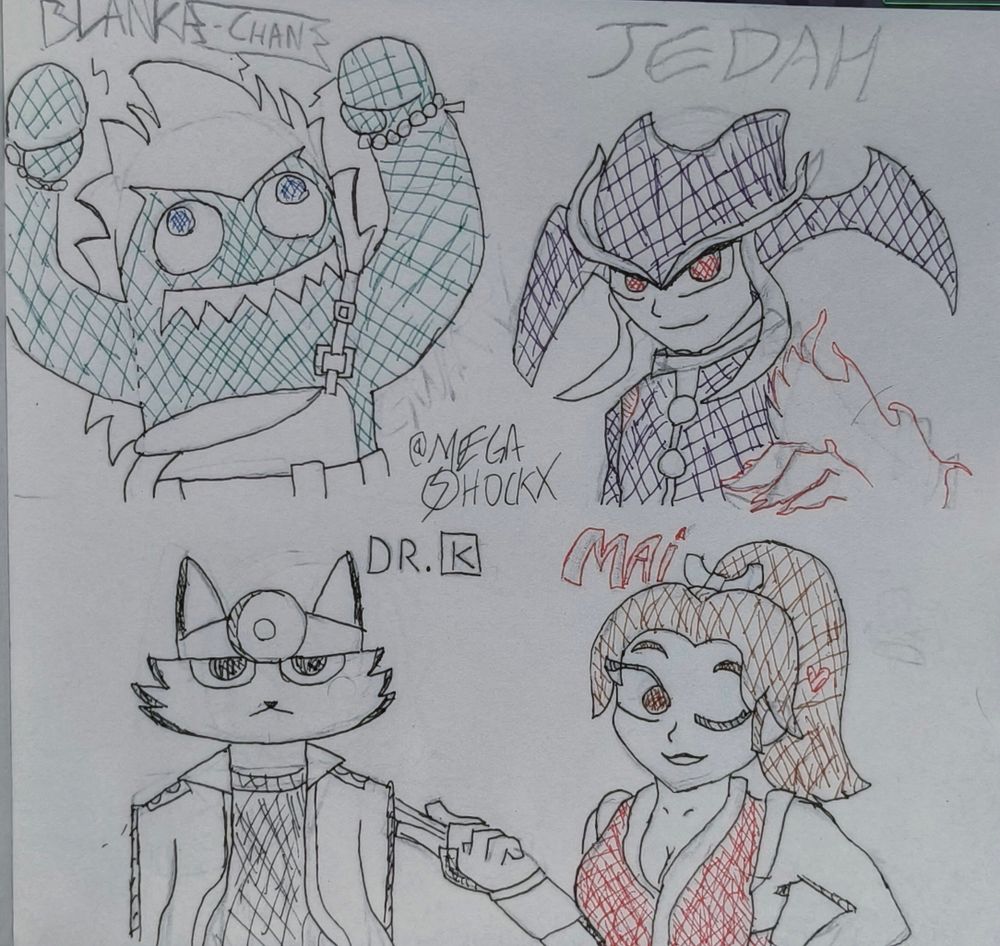 Top Left: Blanka from Street Fighter in a Blanka-chan costume
Top Right: Jedah Dohma from Darkstalkers 
Bottom Left: Dr. K from the fighting game Ultra Fight Da Kyanta 2
Bottom Right: Mai Shiranui from Fatal Fury and the King of Fighters series