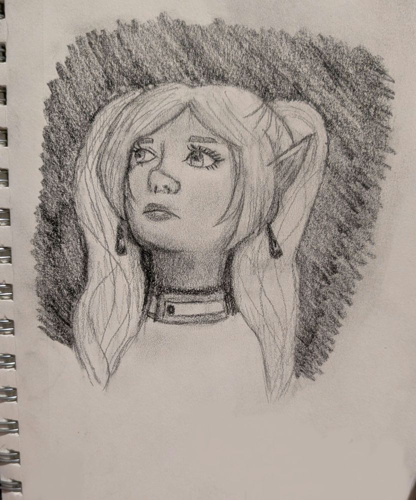 My submission for the "Frieren looking up" drawing challenge, where Frieren is drawn from an angle below her face, looking left. My drawing is a gray scale pencil sketch showing Frieren from the neck up, with her collar and earrings visible