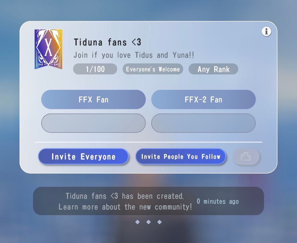 A screenshot from Dissidia Duellum showing my community for fans of the ship between Tidus and Yuna in FFX