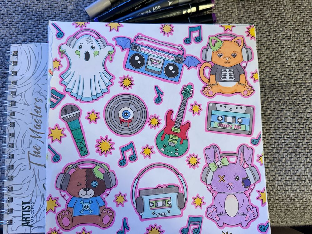 Cute colouring page with spooky music themes. A bunny and a bear and cat and ghost with headphones on and musical props 