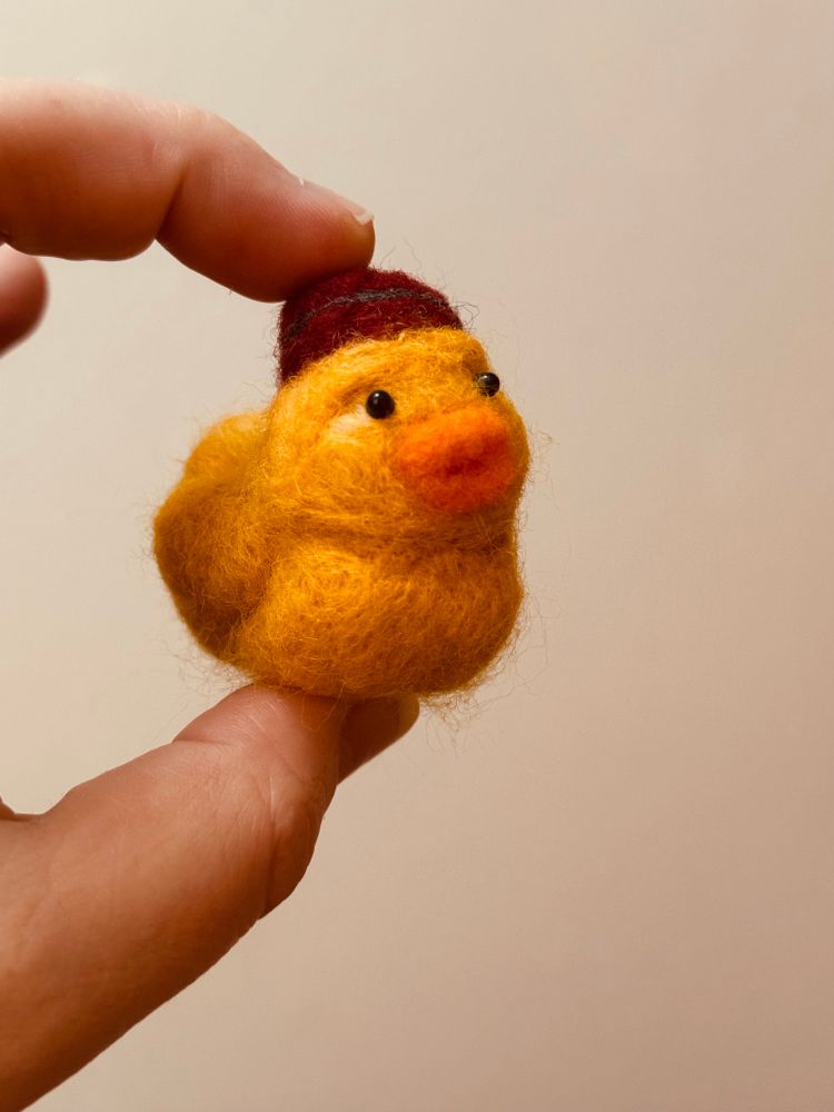 Little yellow ducky in a red toque 