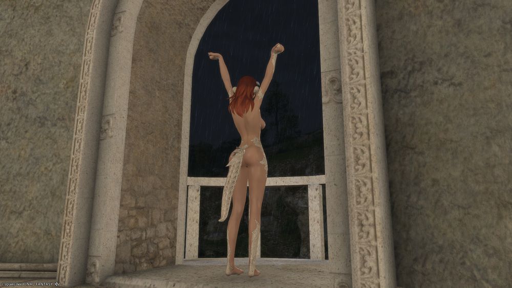 An Au Ra woman of the Raen tribe stretches on a balcony during a nighttime rainstorm, not minding being either completely nude or being wet from the rain.  Her arms are stretched upwards while her legs are slightly apart.  In addition to her rear end being completely visible due to being nude, a portion of her right breast is also seen from around her side.