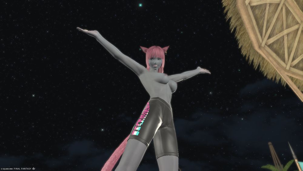 A Miqo'te woman poses in a welcoming manner with her arms spread wide, wearing only a pair of marine pants that hug her thighs and groin tightly, and leaving her breasts wide open for viewing.  Just as her arms are spread wide in welcome, her legs are spread as well.