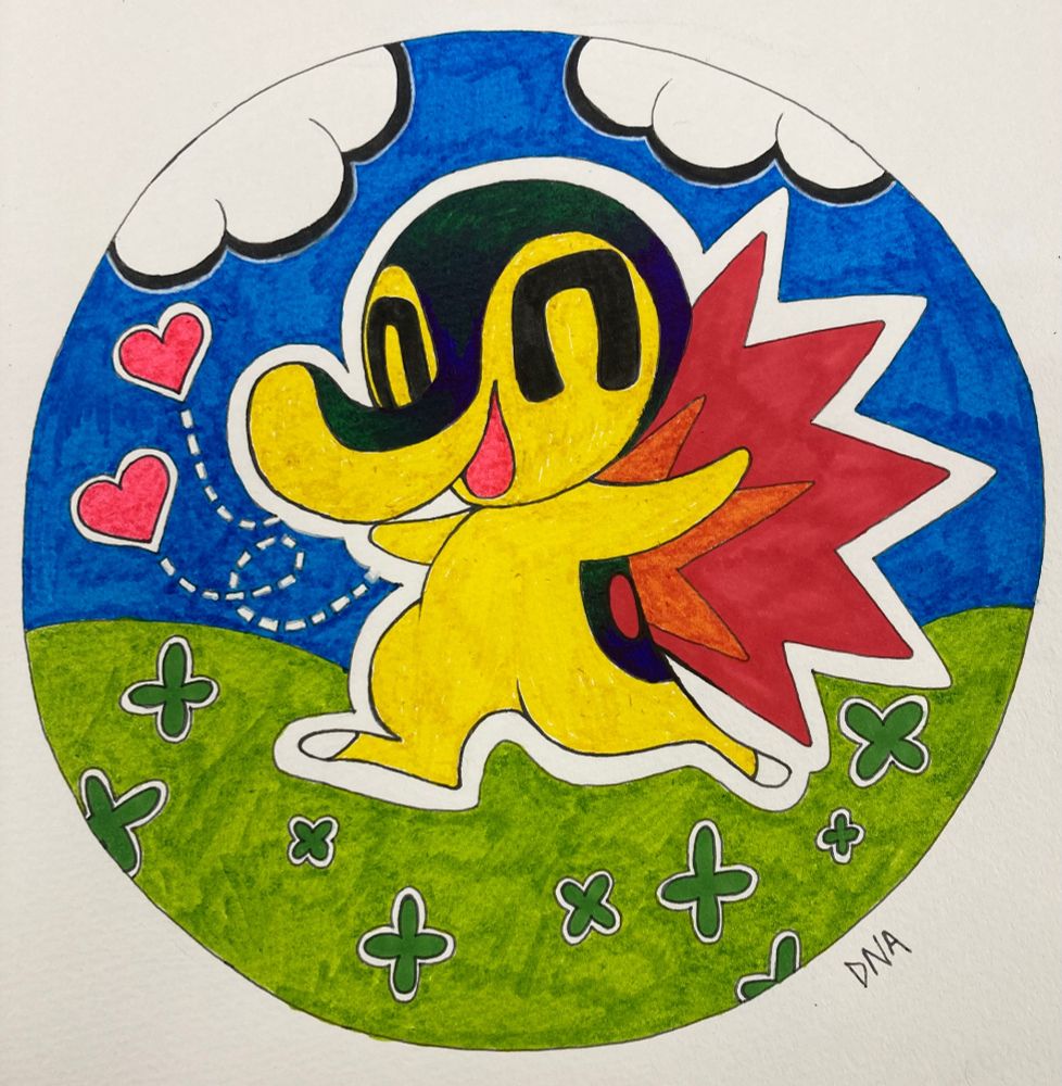 A Cyndaquil frolics in a clover field under blue skies. 
