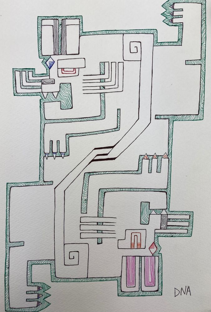 An Alolan and Kanto Persian are intertwined in a funky geometric pattern.