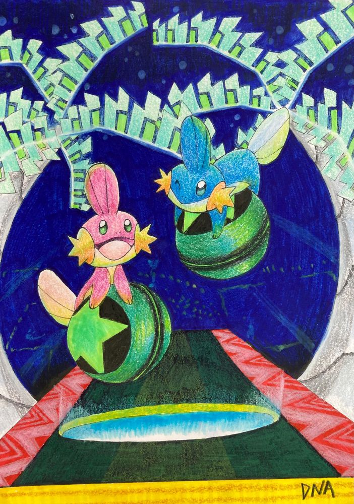 A shiny and non-shiny Mudkip go to Casino Park and ride on the green bumper balls. A vague cityscape is seen down below, while the stars shine above. 