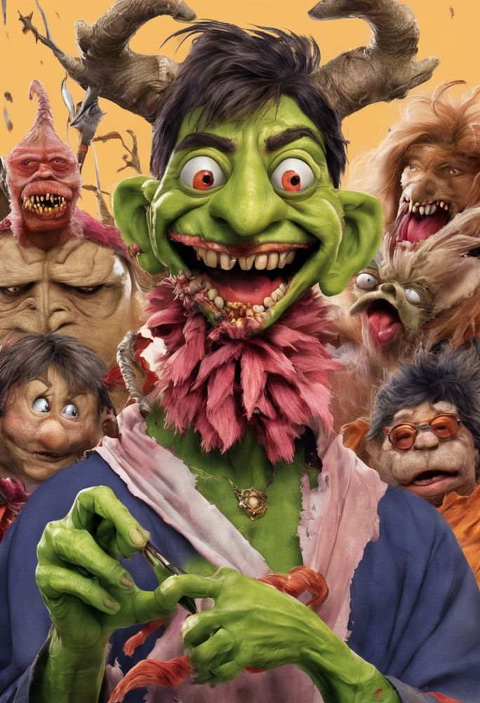 A hyper-detailed, puppet-style scene of chaotic joy. Centre-frame is a goblin barber with bright green skin, shaggy black hair and huge curling ram horns. His round, mismatched eyes bulge with manic glee as he displays a mouthful of crooked yellow teeth. A feathery pink ruff rings his neck, and tattered lilac-and-navy robes hang loosely on his lanky body. With long, sinewy green fingers he snips an orange lock of hair using tiny scissors. Crowded around him are equally odd Muppet-esque creatures: at upper left, a pink slug-headed beast with needle teeth perches on the shoulder of a hulking beige monster; at upper right, a shaggy tan gremlin howls with its mouth agape; just below, a grey, wide-eyed bat-like critter looks startled; bottom right features a pudgy creature in orange sunglasses; bottom left, a small brown puppet gazes up in awe. Bare, spindly tree branches poke into a flat peach-orange background, heightening the surreal, jubilant energy.
