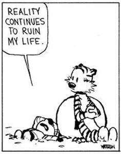 Meme: Calvin laying on the ground telling Hobbs "Reality continues to ruin my life"