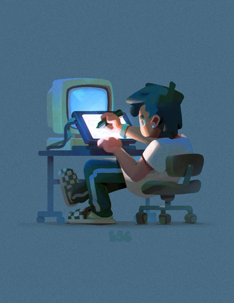 Character painting on computer in funky streetwear fashion illustration concept artist in blocky painterly chunky style with procreate photoshop wallpaper