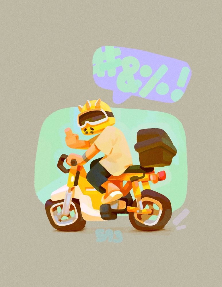 Digital painting of a character wearing a helmet riding racer bike in blocky chunky colorful cute style painted with photoshop procreate brushes