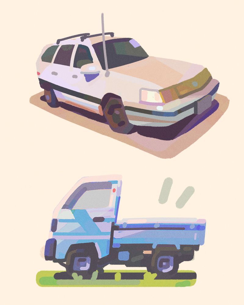 Car paintings done in blocky colorful simplified stylized style done digitally using photoshop and procreate