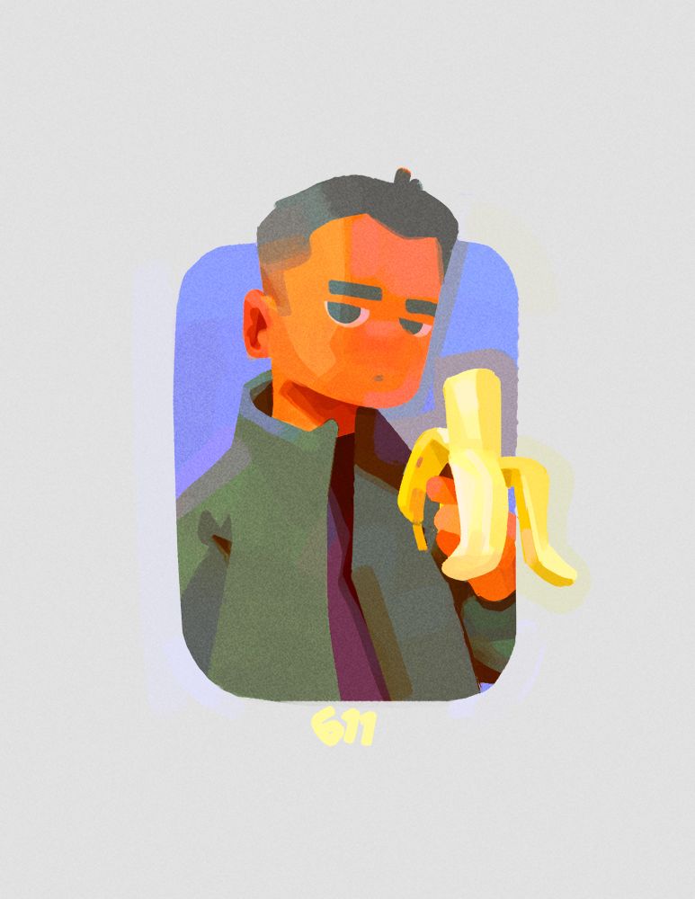 Digital painting of an annoyed character with a fresh haircut while eating his banana in a blocky colorful painterly loose sketch style 