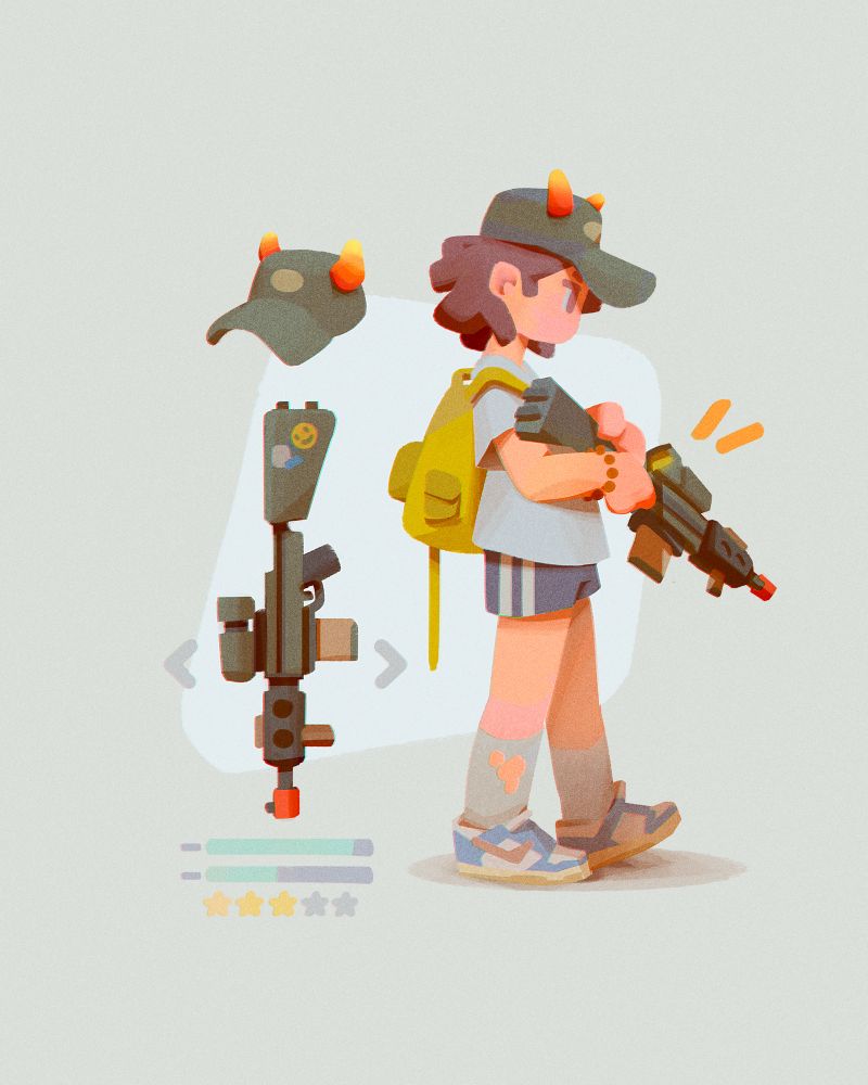 Streetwear fashion cute character design with a hat and air soft gun in nike shoes painted digitally with photoshop illustrator procreate sketch drawing paint brushes tutorial video game ui design swag mmo 