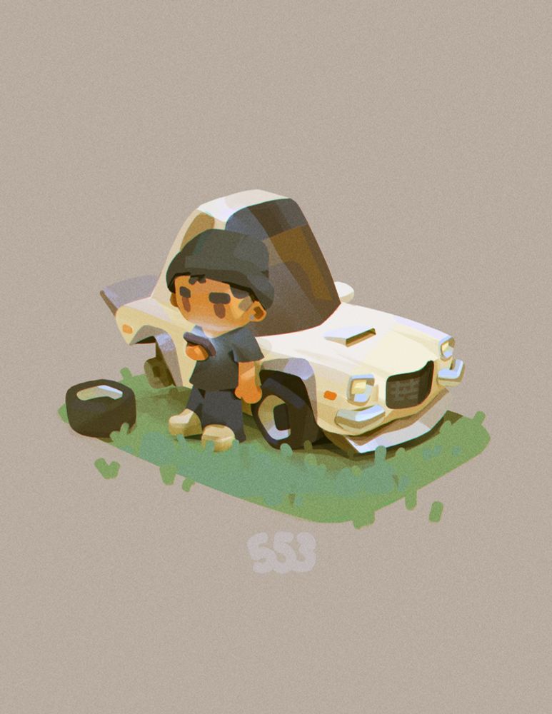 Cute chibi streetwear character next to jdm car Camaro racecar on phone painted in blocky chunky 2D 3D colorful style with procreate photoshop sketch illustration design videogame swag