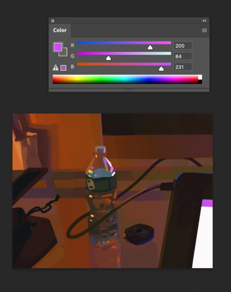 Screenshot of photoshop ui containing a digital painting of a desk, tablet, and computer monitor on a glass table in a dimly lit, warm room painted digitally in photoshop Wacom procreate 