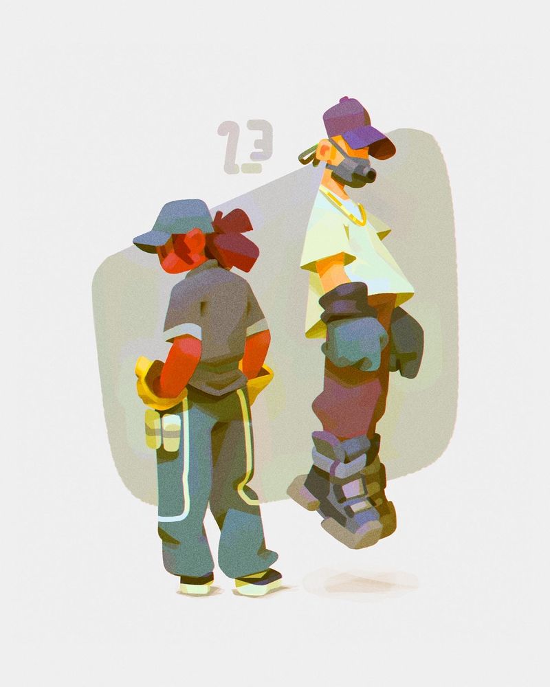 Characters painted in blocky chunky simple 2D colorful playful simplified illustration style concept art visdev in photoshop procreate design streetwear fashion cyberpunk 