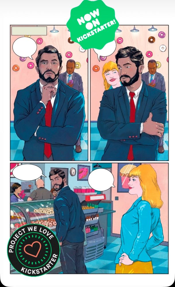Here we see two characters (two 30-somethings…an Hispanic man with a beard and a blonde Caucasian woman) both in line at a coffee & donut shop. They are meeting for the first time…their banter is playful…an early morning “meet cute”