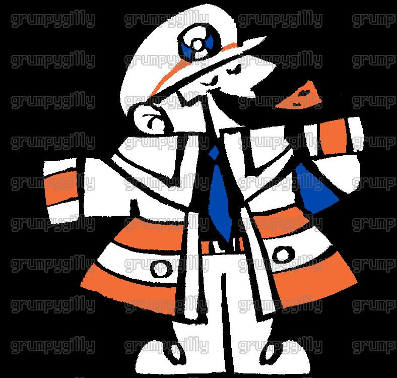 the subway boss emmet drawn as the little caeser's mascot. he is pointing left
