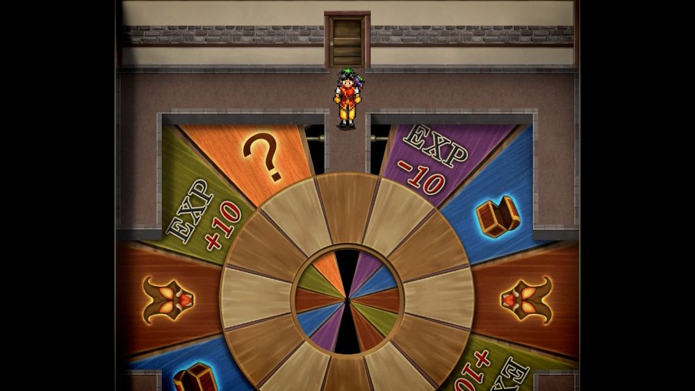 A screenshot of the infamous roulette room from Suikoden 1, where the player must land on one of a dozen options to progress. The wheel is entirely random. 