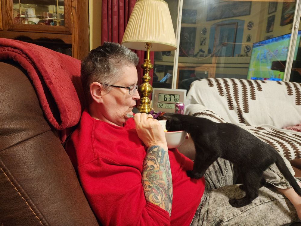 Little black cat shoving his face into a bowl of cereal while owner is surprised. Cat was successful and ran off with a piece of Cap'n Crunch.