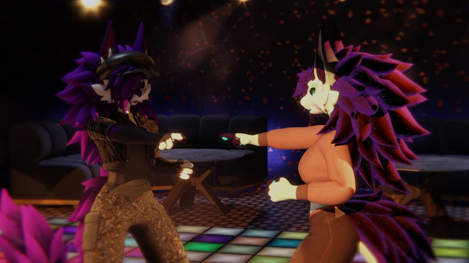 Two purple and white Novabeasts pointing at each other in a club.
