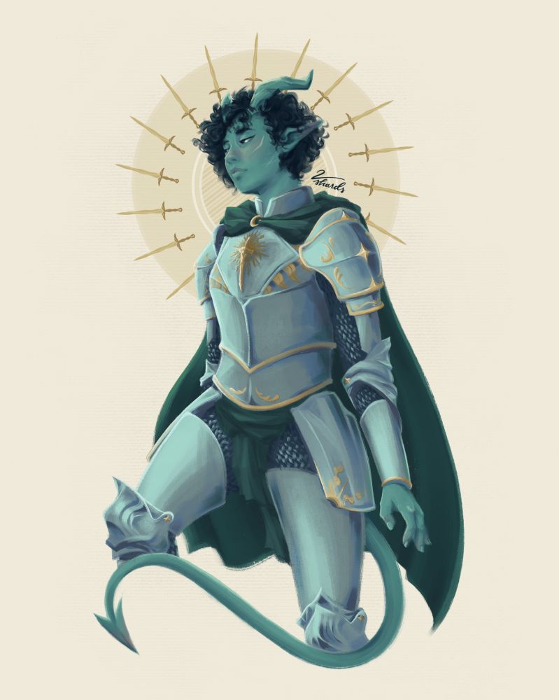 a 3/4 body digital painting of a teal-blue tiefling with dark, neck-length curly hair. She wears silvery plate mail emblazoned with gold sunburst motifs, and a knee-length forest green cape. she stares wistfully into the distance with a golden halo of scalloped swords behind her.