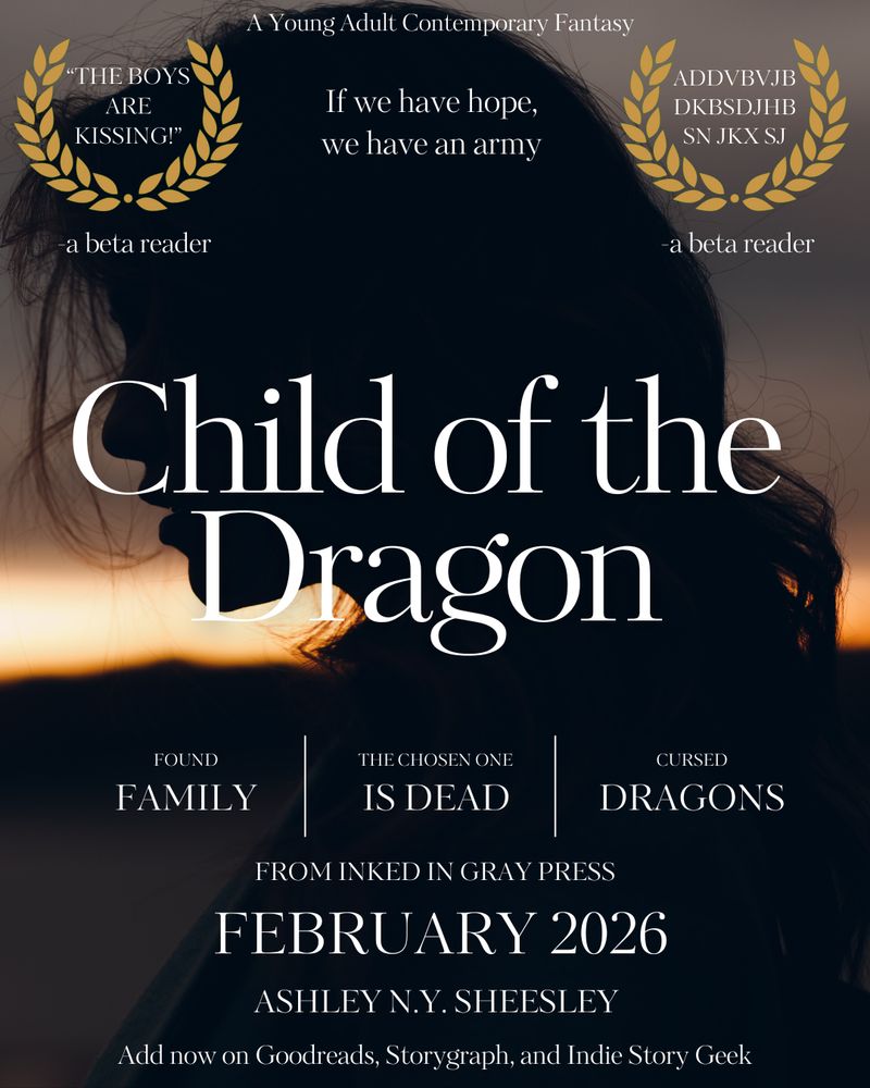 A fake movie poster featuring the silhouette of a girl in front of a dark, cloudy sunset. The title across the middle reads "Child of the Dragon" Across the very top in small text it reads "a young adult contemporary fantasy." The tag line at the top center below the genre tag reads "if we have hope, we have an army." in the top corners are two "reviews" bracketed in gold laurel wreaths like a movie award. The top left reads in all caps "The boys are kissing!" -a beta reader. The top right reads shows a keyboard smash also credited to a beta reader.

Beneath the title are three "tropes" that read "Found family," "the chosen one is dead," and "cursed dragons"

Beneath that reads "From Inked in Gray press, February 2026, Ashley N. Y. Sheesley, Add now on goodreads, storygraph, and Indie Story Geek."