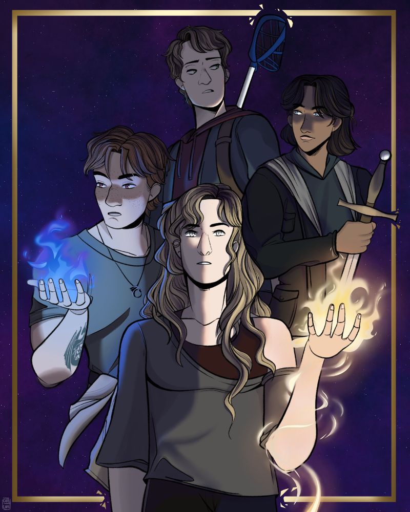 A purple and blue galaxy background with art of 4 teenagers in kind of a diamond shape. Kat is in front and she has blonde wavy hair, a gray shirt, silver eyes, and gold magic coming out of her upraised hand. The glow of the magic lights the other 3 characters.
Coleman is on Kat’s left and closest to her and has red hair, red eyes, freckles, a tattoo on his arm, and is wearing a green shirt with a jacket wrapped around his waist. He has blue magic coming off his hand and casting a cool glow on his face. 
To Kat’s left and behind is Jason. He has brown skin, black hair, blue eyes, and is wearing a black jacket and holding a sword point down and looking back at Coleman. 
Aaron is in the back, looking to the right, wearing a dark jacket over a red hoodie, you can see backpack straps and a lacrosse stick sticking out. He has dark blond hair and green eyes
There is a gold frame around them all