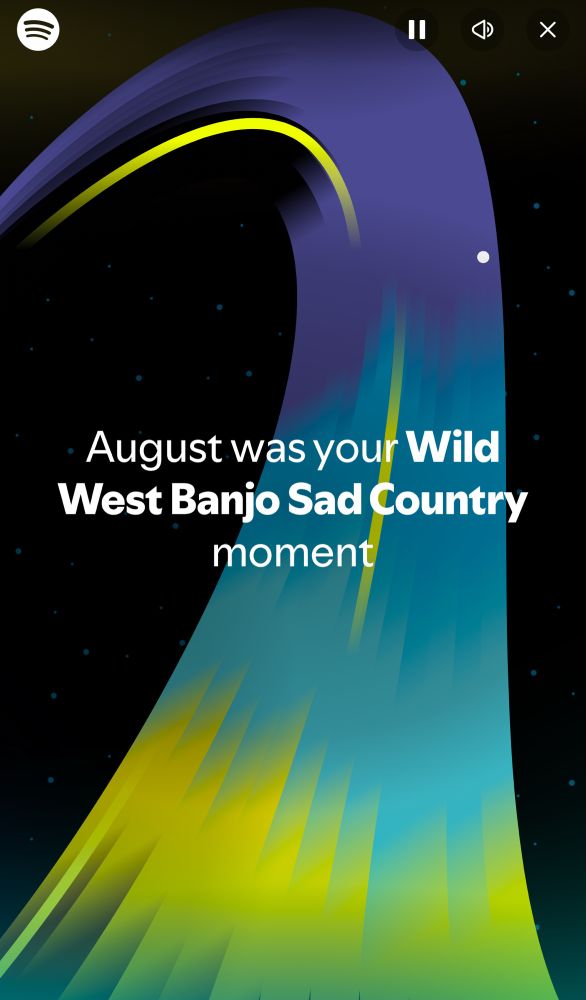 Spotify wrapped screenshot that says “August was your Wild West Banjo Sad Country moment” 