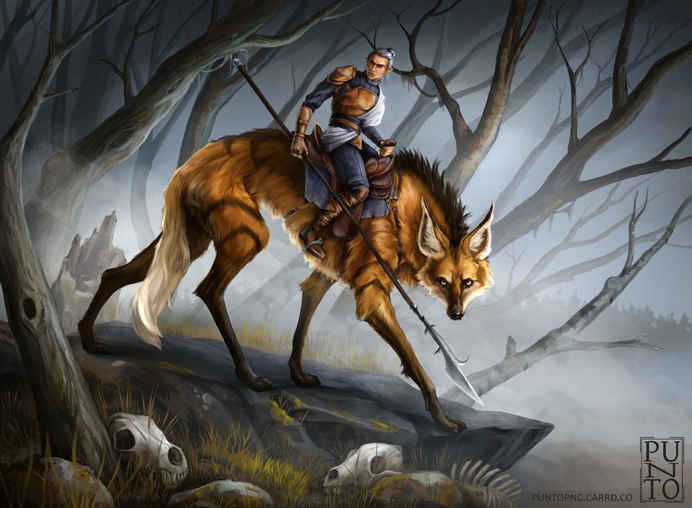 Digital painting of a rider on a wolf creature with reddish fur, stalking through a misty dead forest scattered with bones.