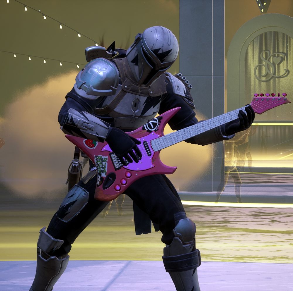 A Mandalorian wearing white armor with black slash patterns scattered over it. She is playing a pink electric guitar with various stickers across the body.