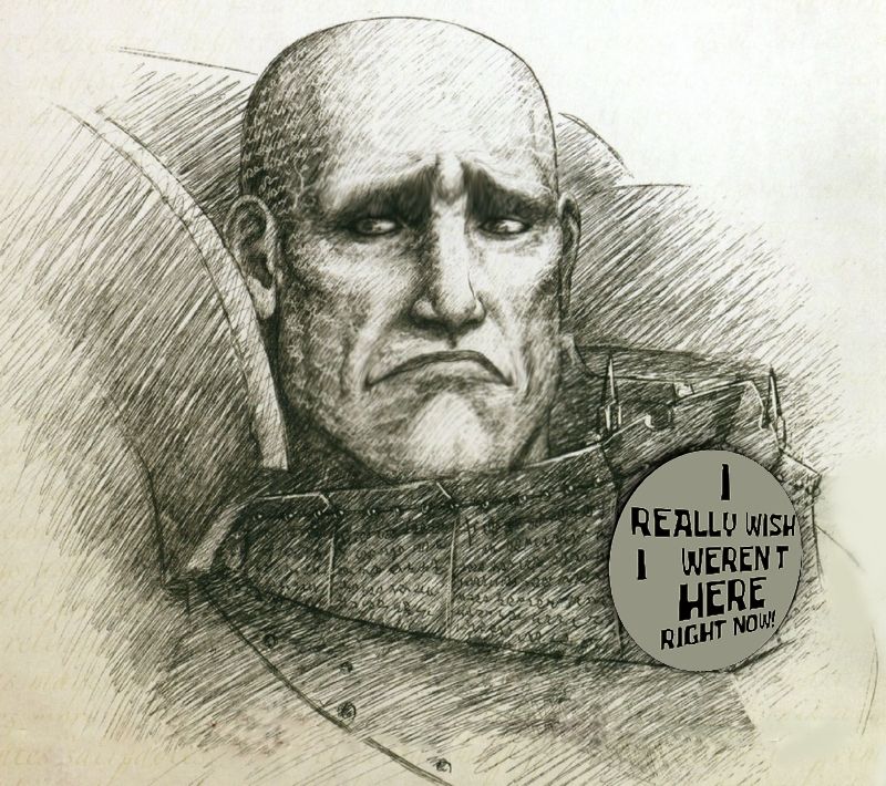 An edited image of Lorgar Aurelian from Warhammer: The Horus Heresy. He looks very sad and is wearing a button that says "I really wish I weren't here right now."