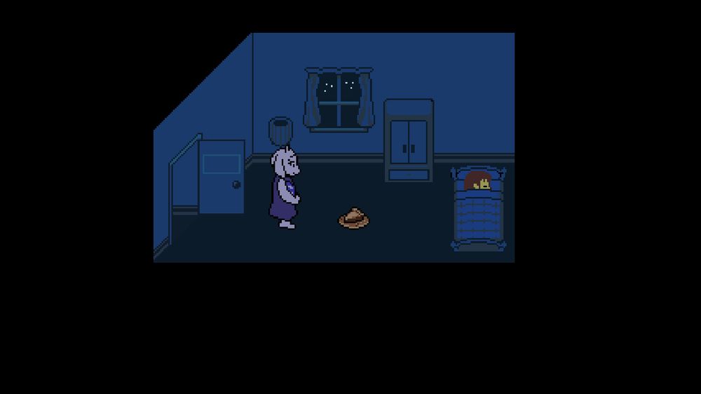 Toriel deixando um pedaço de torta de caramelo no quarto de Frisk enquanto elu dorme