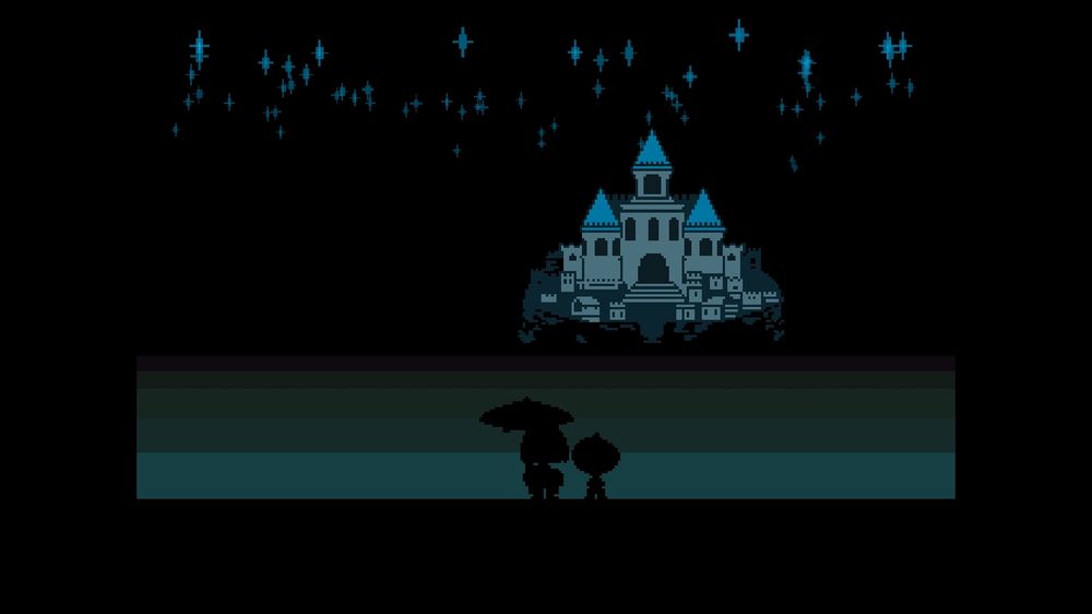 Jota e Monster Kid admirando a vista para o castelo na cachoeira (Undertale)