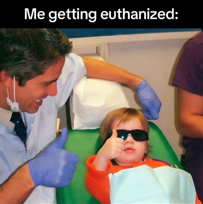 Meme. Kid at dentist giving thumbs up. 