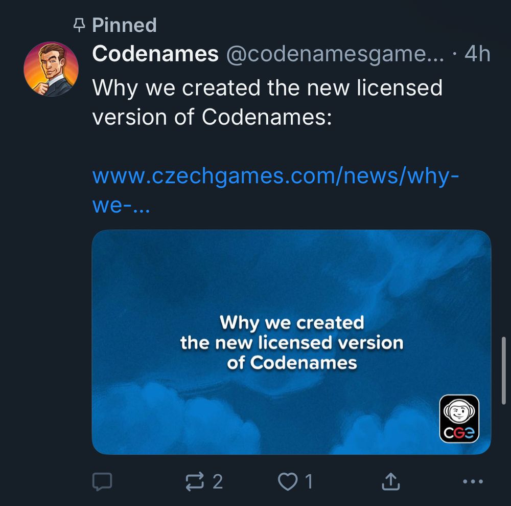 A pinned post from the Codenames account.

@codenamesgame... • 4h
“Why we created the new licensed version of Codenames” with a link 