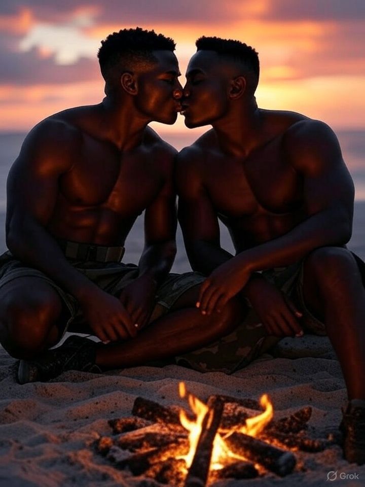 Au soleil couchant, deux militaires blacks musclés s'isolent sur une plage pour échanger leur amour mutuel autour d'un feu de camp.
