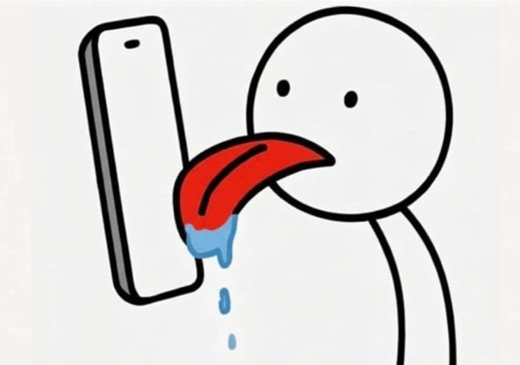 A simple white stick figure with black eyes is shown licking the screen of a white smartphone with its large red tongue. A blue substance is dripping from the tip of the tongue.
