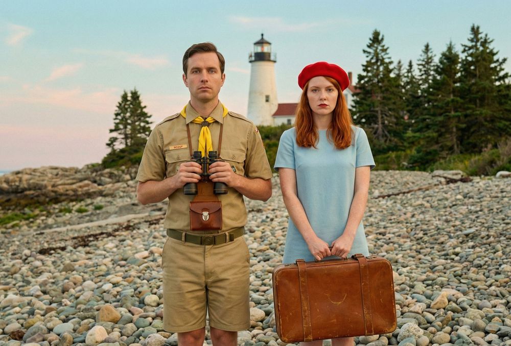 A man and a woman in mid-century attire are standing rigidly on a rocky beach with a lighthouse in the background. The man is wearing a khaki Boy Scout-style uniform with binoculars around his neck. The woman has red hair, is wearing a light blue dress and a red beret, and is holding a vintage brown suitcase. Both characters have blank, serious expressions.