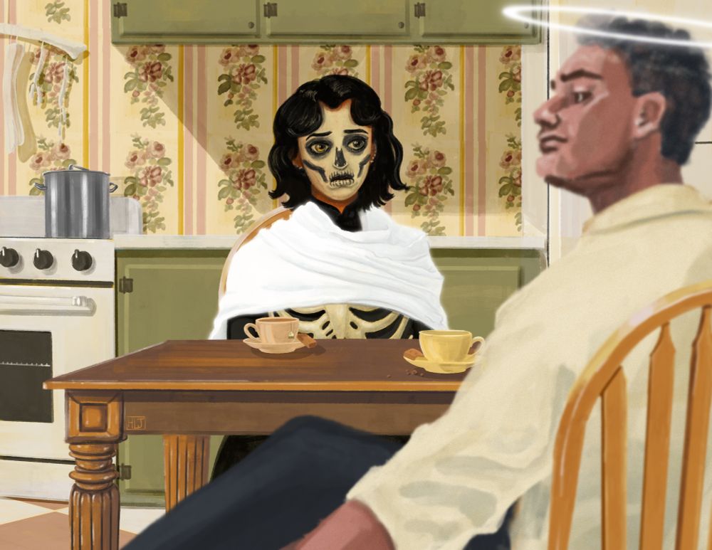 Harrow and John, characters from The Locked Tomb series, sit having tea and biscuits in a 1990s style kitchen with green cabinets, pink floral wallpaper, and bones hanging on the wall. Harrow is a young brown woman with skull face paint and a ribcage corset. She wears a luminous white robe, much whiter than her bones or paint. Her face is crestfallen, eyes large as she gazes in despair across the table at John. John faces left, his back to the viewer and gazes past Harrow. His face is based off of Taika Waititi and he is at least a decade older looking than Harrow. He has a bright white halo over his head and is slightly out of focus. He wears an off-white collared shirt and blue trousers. His expression is nonchalant. He has drank his tea and eaten biscuits, while Harrow’s sit untouched. 