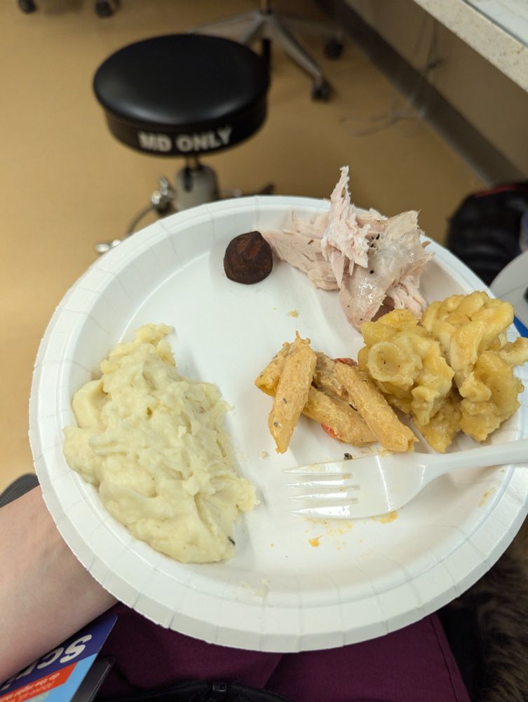 Disposable plate with mashed potatoes, turkey, Mac and cheese.