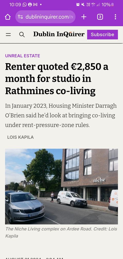 A screenshot of an article in which a renter in a small coliving unit is quoted 2,850 a month for a studio.