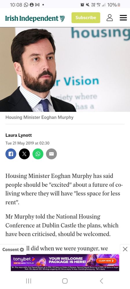 A screenshot of an article from 2019 in which former Housing Minister Eoghan Murphy talks about less space for less rent.