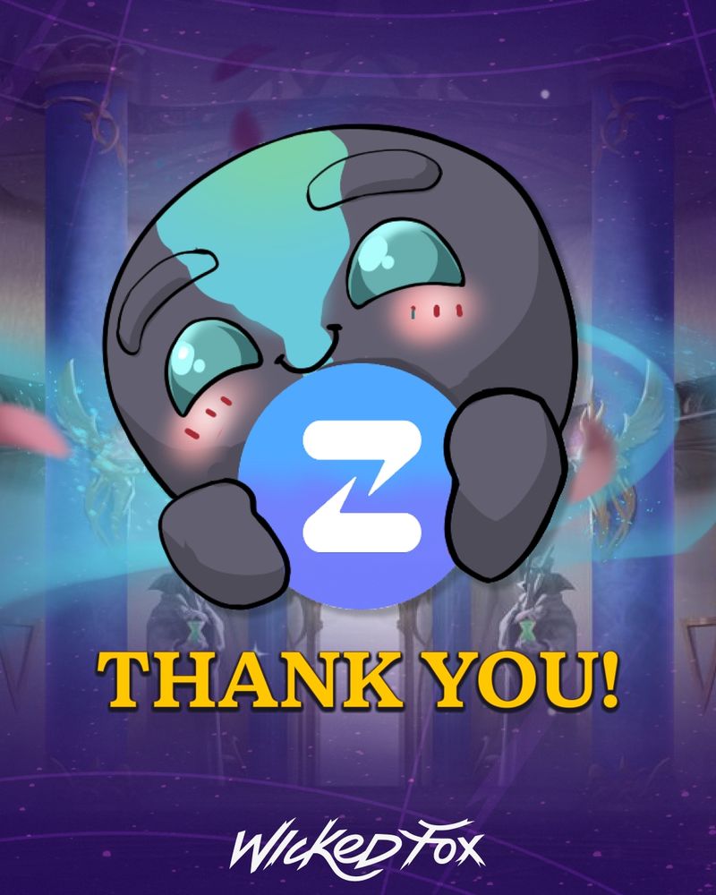 A chibi version of the Rise of Elements Champion Mudruk hugs the Zulip logo while smiling and blushing. Text below that reads "THANK YOU" and "Wicked Fox"