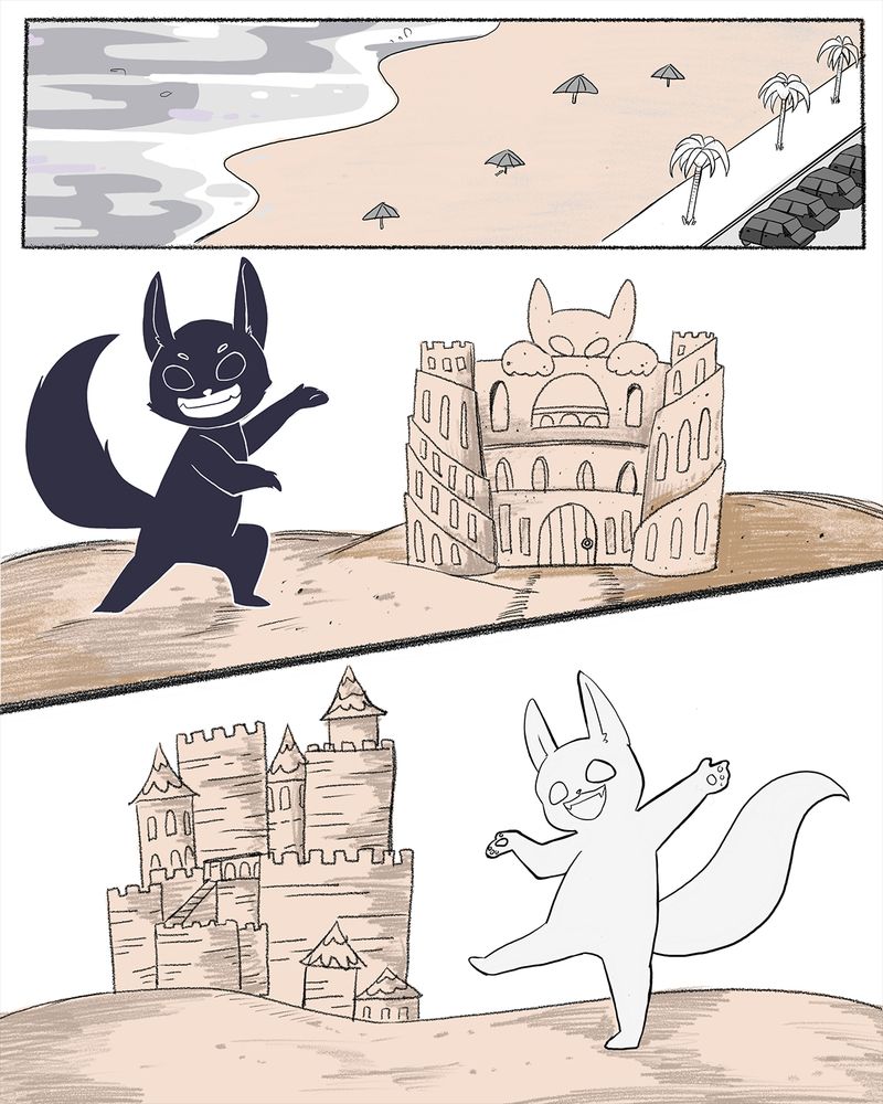 A webcomic, page 1. It shows a scene of a public beach similar to Venice beach. A dark-furred fox shows off a spooky sand castle gleefully. A light-furred fox happily shows off an elaborate medieval fantasy styled sandcastle.
