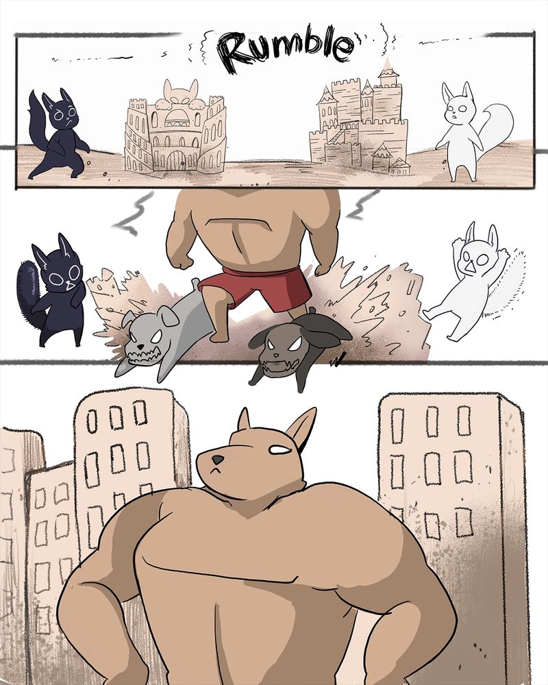 A webcomic, page 2. A huge body-builder dog with two smaller dogs by his side aggressively smash through both the foxes’ sandcastles, then the huge dog is shown standing proudly in front of his massive skyscraper-style sandcastle.